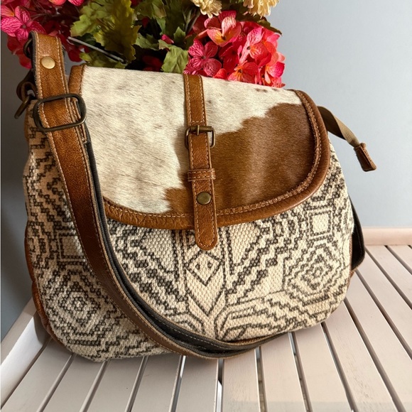 Myra Bag Purse Satchel New Cow Hide Leather canvas Medium Crossbody - Picture 1 of 10
